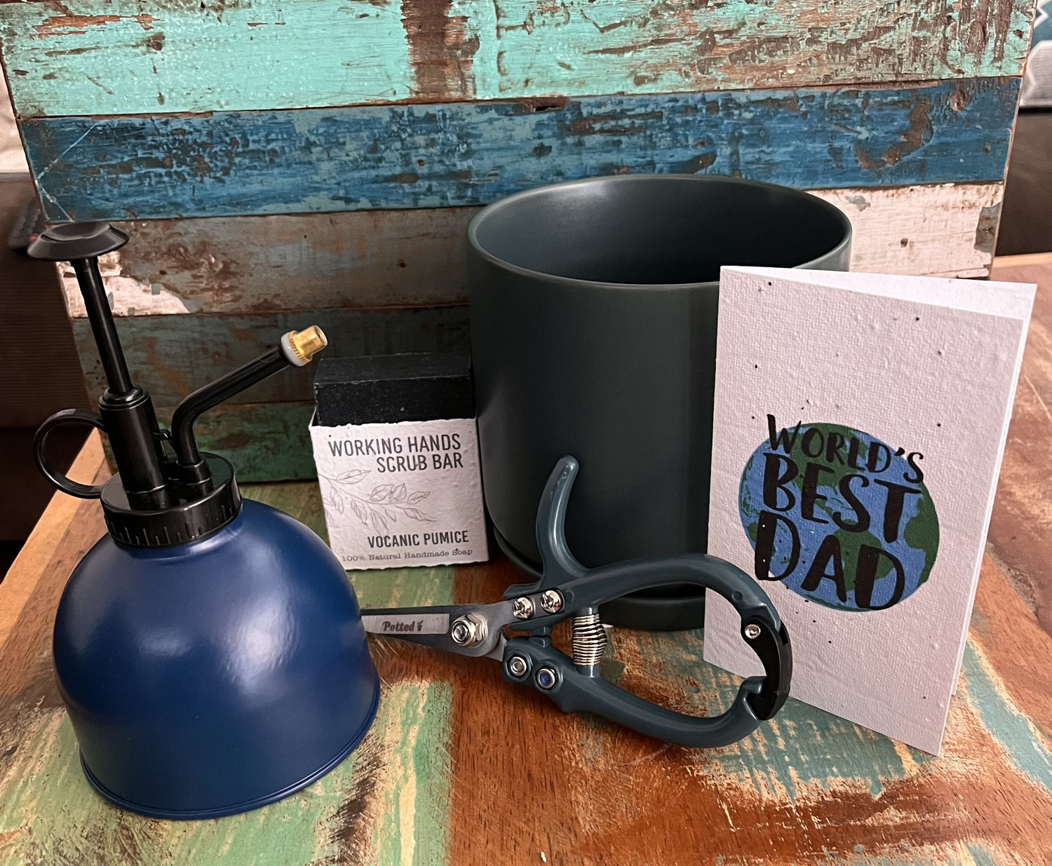 Father's Day Plantable Greeting Card + Garden snips + Working Hands Scrub bar + Pot Plant + Plant Mister