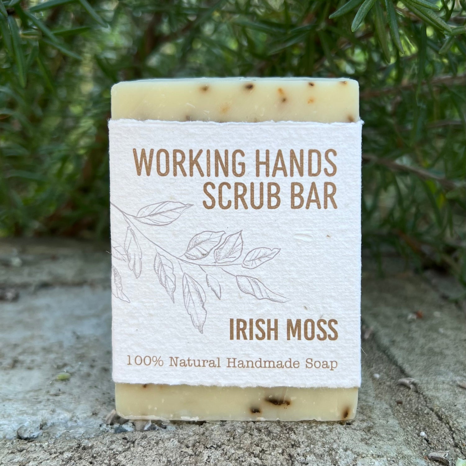 A rectangular bar of soap labeled 'WORKING HANDS SCRUB BAR' and 'IRISH MOSS' stands upright outdoors against a blurred background of green foliage and a stone surface.