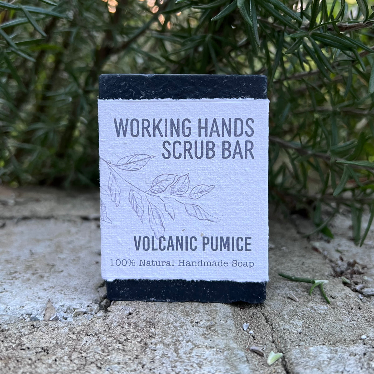 A rectangular bar of Working Hands Scrub Bar labeled 'Volcanic Pumice' stands upright outdoors on a stone surface with green foliage in the background.